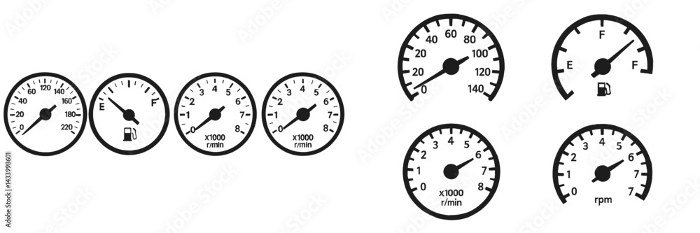 Aufkleber various types of automotive gauge designs displaying engine performance, fuel levels, and speed meas