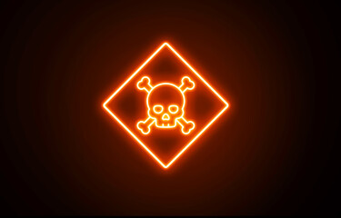 Neon warning sign. Neon glow features Triangle, skull and crossbones, isolated on transparent background, conveying sense of danger and caution. Neon fire color skull and crossbones. Neon danger icon.