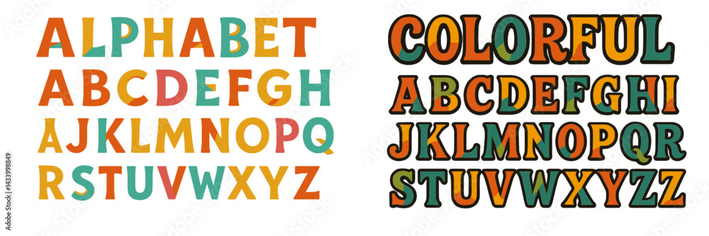 Poster colorful alphabet design featuring uppercase letters in a playful style on a vibrant background