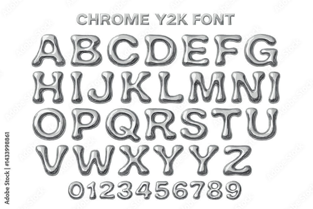 Leinwandbilder chrome y2k font design showcasing shiny letters and numbers in a modern, futuristic style