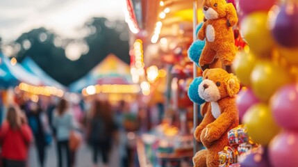 Festive carnival atmosphere featuring stuffed animals and colorful balloons