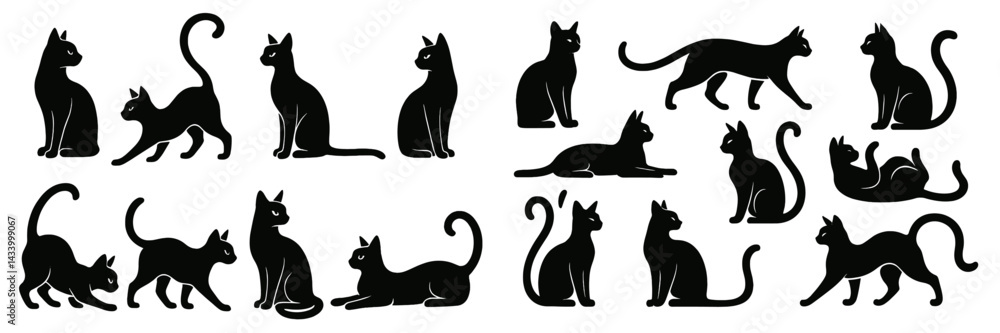 Fototapete various black cat silhouettes in playful poses create a whimsical pattern for design projects and ar