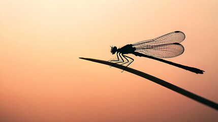 Fototapeta na wymiar Silhouette Of Dragonfly On Grass At Sunset