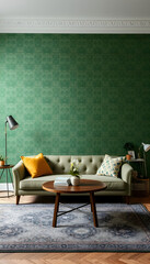 Sofa in green wallpaper room, dinamic scene. White tone