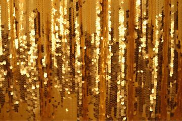Metallic tinsel background. Bright gold foil fringe curtains hung as interior decor or photo backdrop at a party. Sparkling mylar decoration for festive events. Shiny golden streamers hanging off door