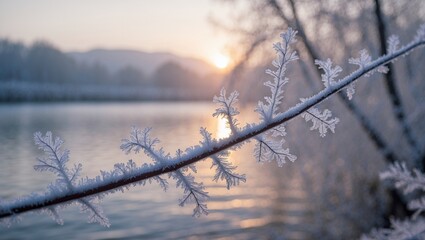 Obraz premium Frosted branch at dawn illuminated by winter sunrise