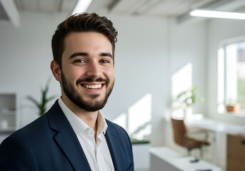 Fototapeta premium A confident businessman with a charming smile looking directly at the camera. He's standing in a bright, modern office. He's wearing a blue suit jacket over a white shirt.