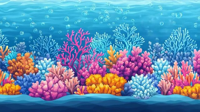 Vibrant underwater coral reef scene with colorful coral and bubbles in a serene blue ocean backdrop illustration.