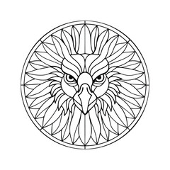 Obraz premium Detailed griffin head geometric illustration striking line art drawing with bold circular border for coloring books and creative projects