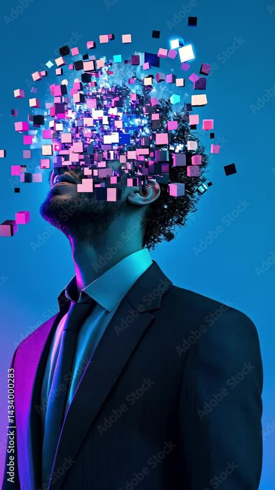 Poster businessman in a suit, isolated on a blue background, absorbs a stream of information composed of mu