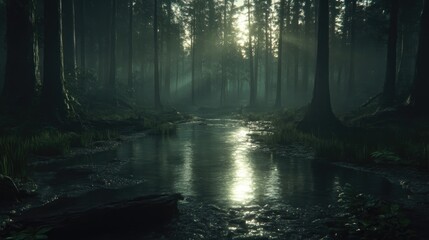 Misty forest stream scene.  Sunlight filters through trees