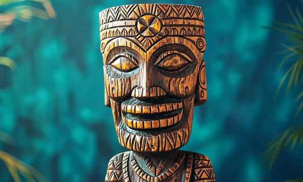 Wooden tiki figurine against teal background.