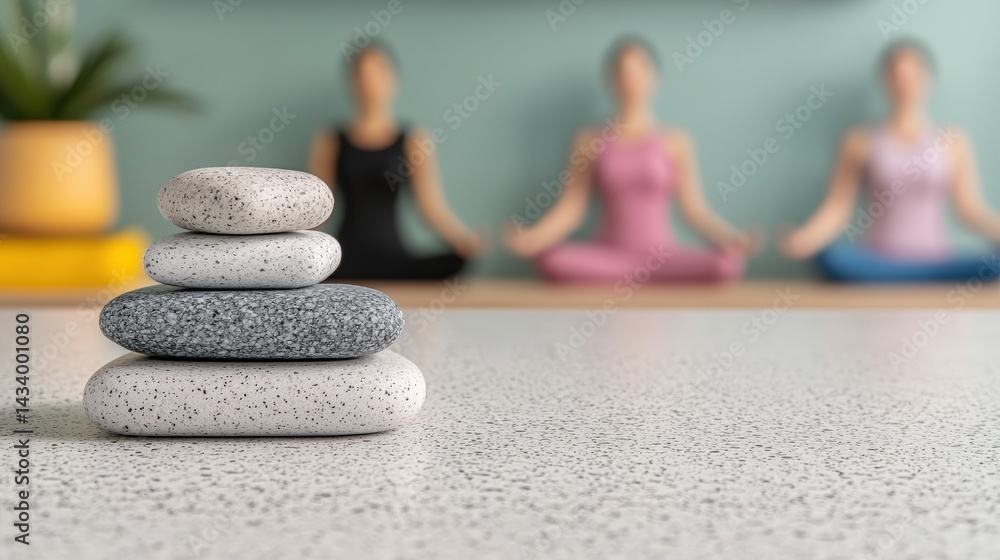 Poster stack of zen stones balancing on countertop with meditating people in background