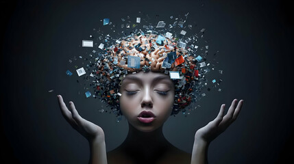 Woman with digital brain and floating pixel cubes against a dark blue background
