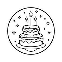 Simple Black Line Birthday Cake Icon with Candles