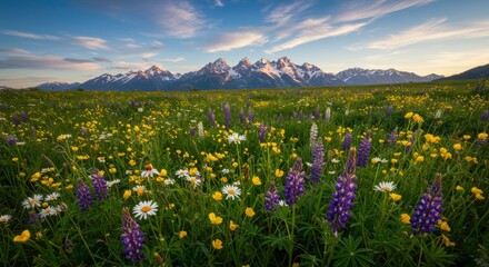 Fototapeta premium Wildflowers blanket mountain valley at dawn