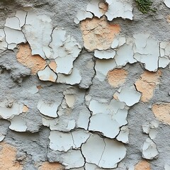 Cracked, weathered exterior wall texture.  Patches of peeling paint, various shades of gray,  light beige and white