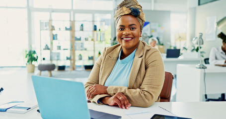 Portrait, business and black woman with laptop in office for accounting, finance consultant and bookkeeping. Smile, person and financial management with confidence, company payroll and career growth