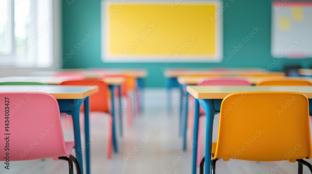 Poster vibrant empty classroom with colorful chairs and desks ready for students