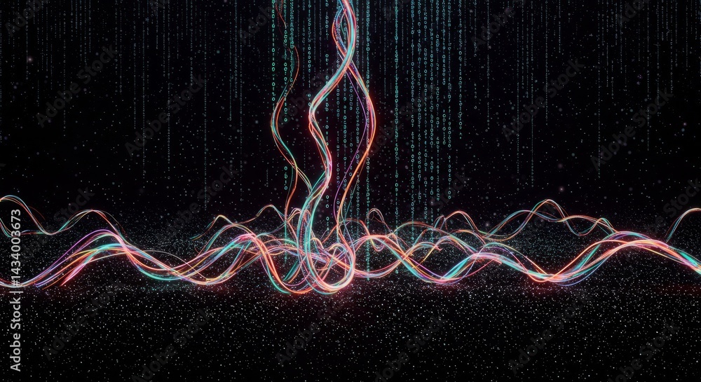 Poster abstract colorful digital art background with glowing particles and dynamic