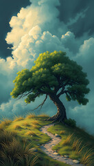 Fototapeta premium a lone tree waiting the storm, graphic novel art. White tone