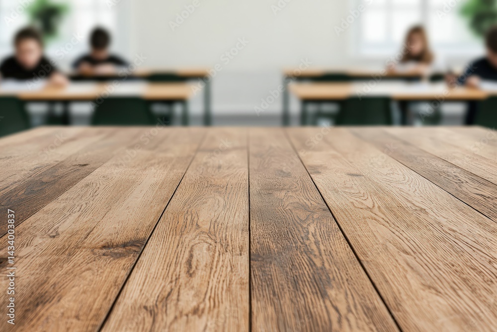 Poster empty wooden table in blurred classroom setting for education themes