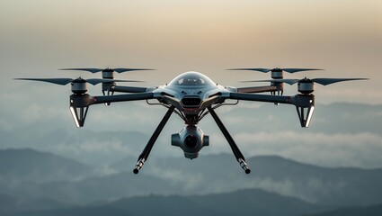 Futuristic drone soaring through hazy skies