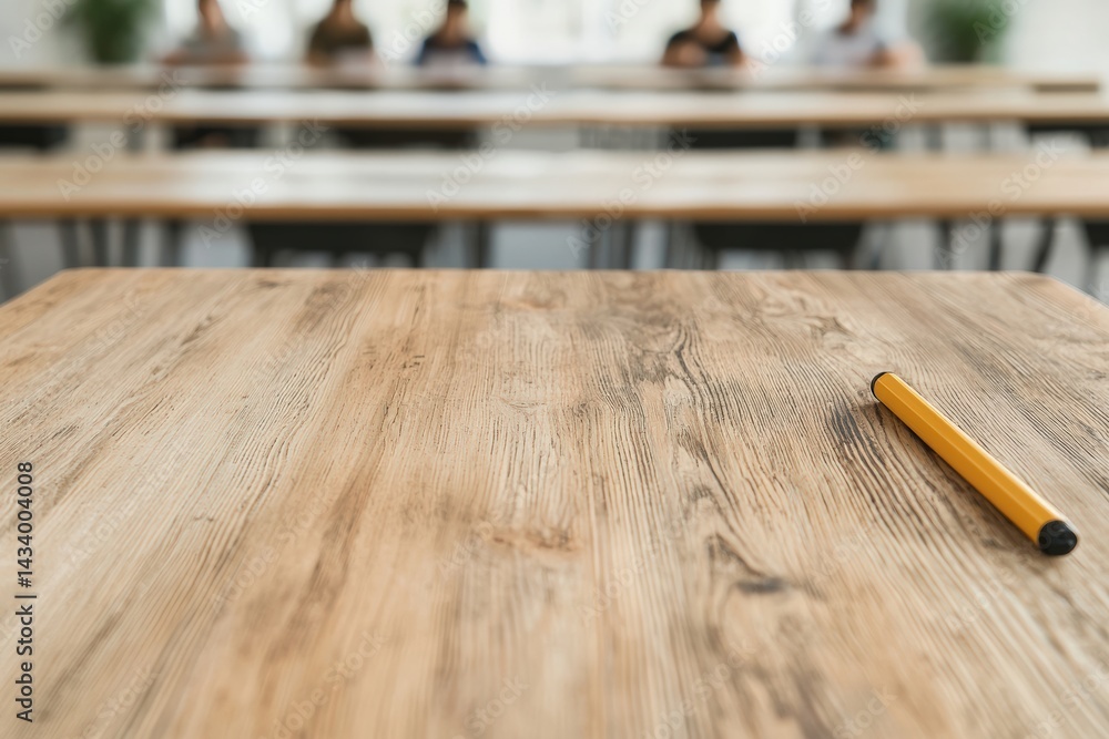 Aufkleber empty wooden desk with pencil in blurred classroom setting