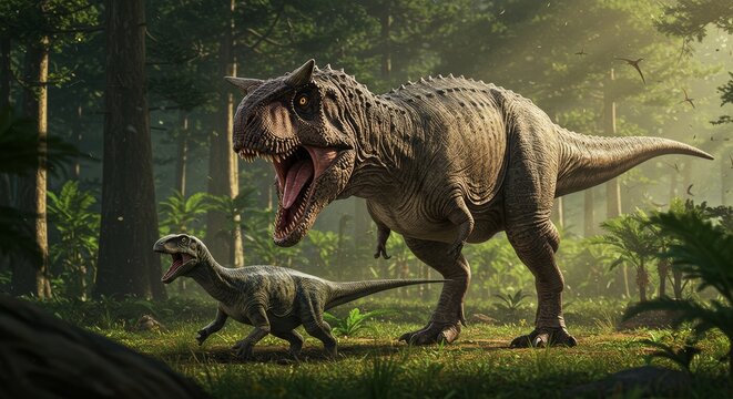 Fearsome carnotaurus prowls primordial forest with smaller companion