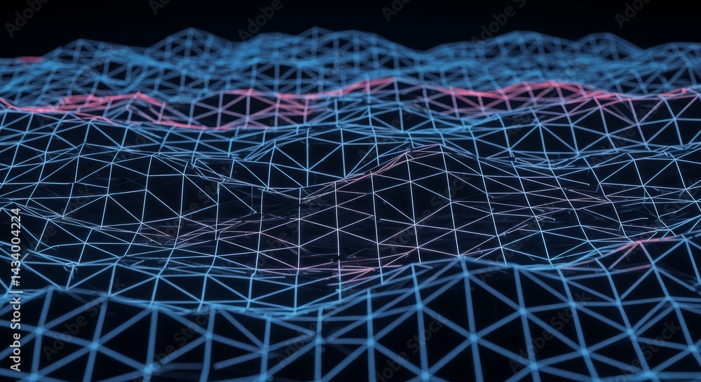 Poster abstract data network visualization blue pink geometric mesh in dark space