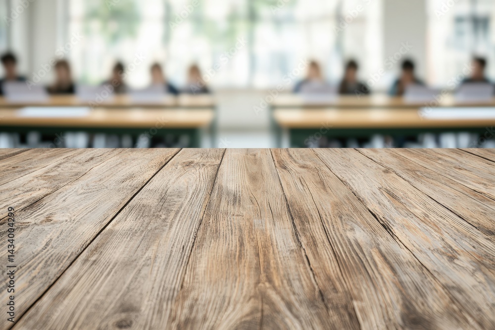 Poster empty wooden table providing space for products or designs in classroom setting