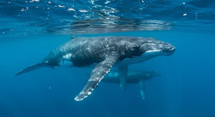 Obraz premium Gentle giants humpback whales majestically cruise deep azure ocean habitat