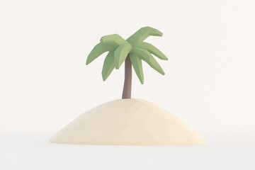Low-poly palm tree on a small island.  A simple, 3D model of a tropical island, featuring a palm tree growing from a sand dune.  Soft pastel colors create a serene and whimsical scene