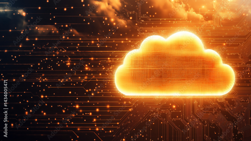 Poster cloud computing illustration: a luminous cloud icon glows against a dynamic background, symbolizing 