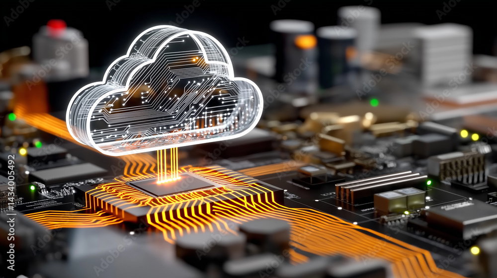 Poster digital cloud connection: a luminous cloud symbol gracefully merges with an intricate circuit board,