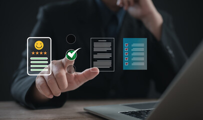 client rates service experience on online application, providing feedback through satisfaction survey, evaluating service quality, highlighting its impact on the business's reputation and ranking.	
