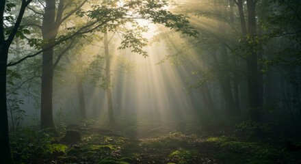 Obraz premium Sunlight beams through misty forest