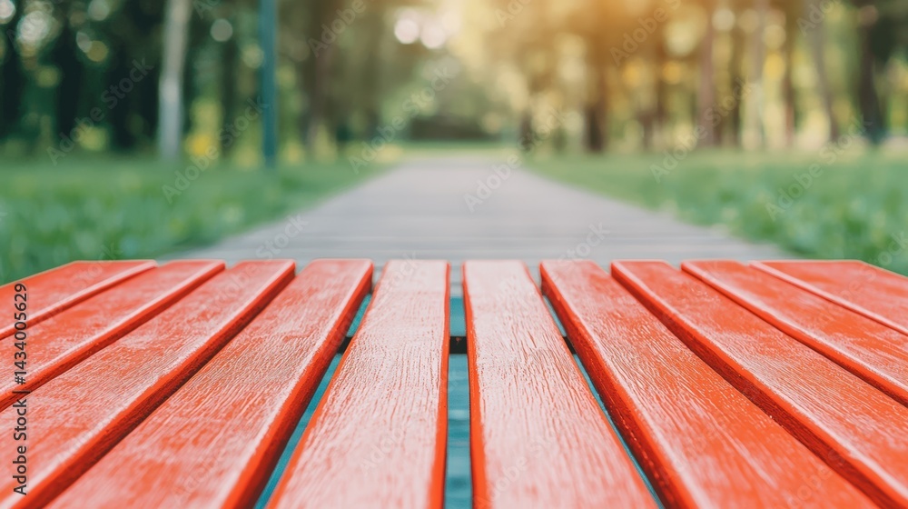 Poster vibrant red wooden table with blurred park path background