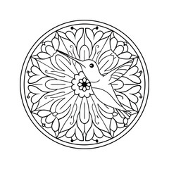 Obraz premium Hummingbird mandala decorative circle black and white outline design stylized circular pattern beautiful bird illustration floral elements