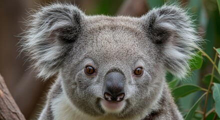 Fototapeta premium Close up portrait of a fluffy koala bear staring intently ahead