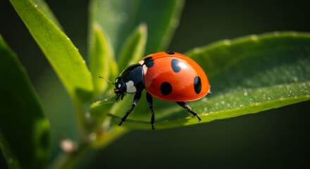 Fototapeta premium Detailed close-up of a ladybug perched on a vibrant green plant leaf