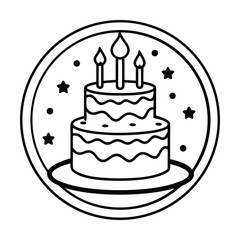 Simple Black Line Birthday Cake Icon with Candles