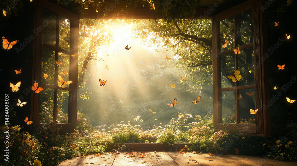 Poster window to wonder: sunlight streams through an open window, illuminating a magical forest teeming wit