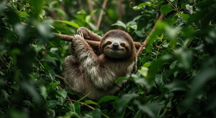 Fototapeta premium Captivating sloth suspended from a branch amidst dense foliage expressing peacefulness