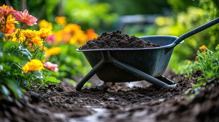 Garden wheelbarrow filled with soil in flowerbed