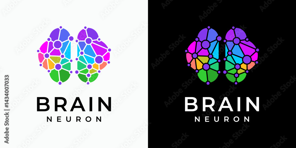 Poster colorful polygonal brain shape vector logo design with dots connection in modern, simple, clean and 