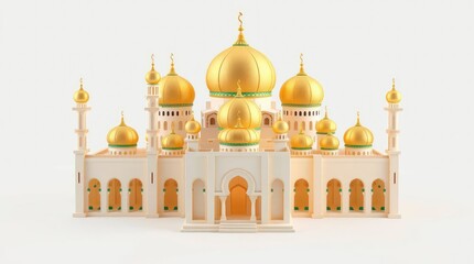 Obraz premium Rendering of a Mosque with Golden Domes on Neutral Background