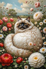 cat on the grass among lush flowers, vintage landscape.