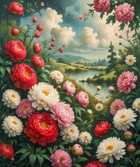Lush flowers against a vintage natural landscape.