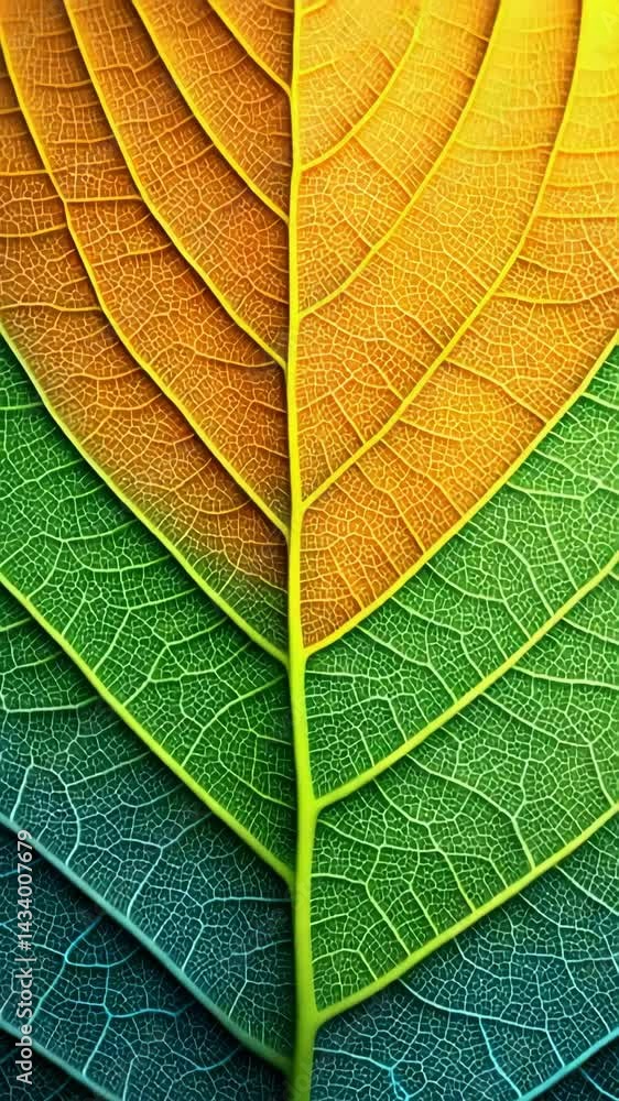 Poster close-up of a colorful leaf showing intricate vein patterns and a vibrant gradient of orange, green,